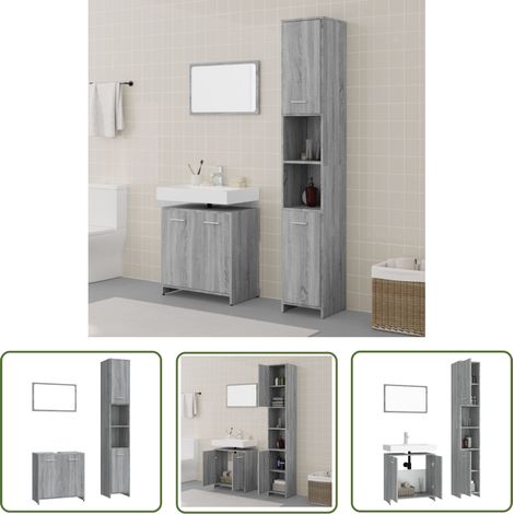 The Living Store 3-tlg. Badmöbel-Set Grau Sonoma Holzwerkstoff - Badmöbel Set - Holzwerkstoff - Badezimmermöbel - Grau Sonoma - Spiegelschrank (1/5)