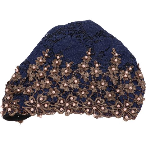 Turban Head Wraps Vintage Embroidered Soft Lace Material Beaded Fleece Hair Hat for Women Daily UseDark Blue (1/5)