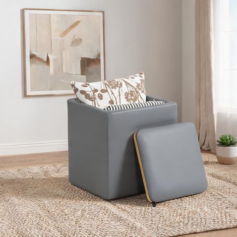 Pouf coloris gris en similicuir MDF 40 x 40 x 40 cm (1/5)