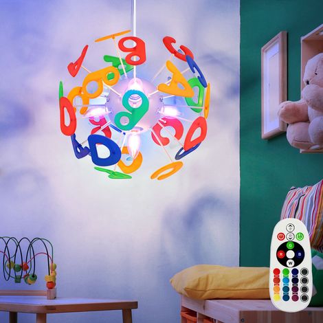 LED Pendelleuchte dimmbar mit Fernbedienung Kinderzimmer Hängelampe Buchstaben Kinderlampe in Kugelform, Kunststoff bunt, RGB Farbwechsel, 4x 3,5W 4x 320lm warmweiß, DxH 35x120 cm
