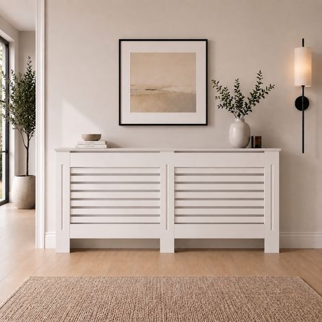 Radiator Cover Extra Large White Modern Horizontal Slat MDF Cabinet with Display Shelf 1720x815x190mm (1/5)