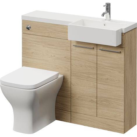 Napoli 250 Light Oak 1000mm 2 Door Vanity Unit Toilet Suite with Right Hand Square Rico Semi Recessed Basin - 1000mm - Chrome 160mm HandleWith Kingston Toilet Pan and Seat