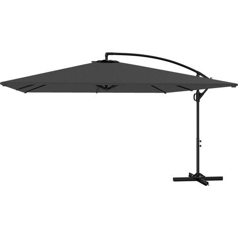 Parasol déporté rectangulaire 3,6 x 3,9 m avec manivelle, pied en croix, toile inclinable et rotation à 360°, gris