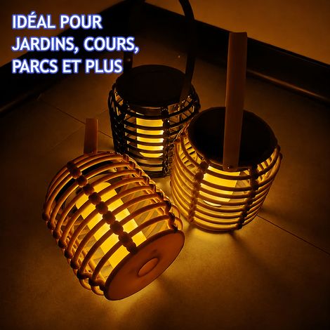 Lanterne solaire portable suspendue LED effet rotin tressé lumière flamme réf 4352 10 × 10 × 10 cm 101 g – Livraison gratuite