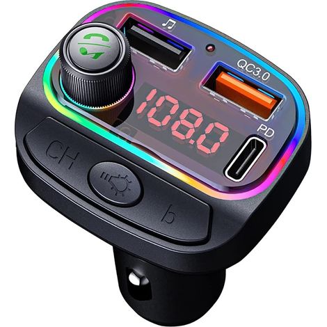 Bluetooth-Autoradio-Adapter, kabelloser FM-Radiosender, MP3-Musik-Player mit USB-Typ-C-Ladegerät, 7-farbige LED-Hintergrundbeleuchtung