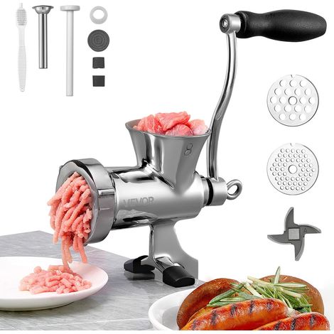 Hachoir à Viande Manuel en Inox 304, Hachoir Manuel à Manivelle avec Serre-joint de Table, Poussoir à Saucisses avec 2 Plaques de Broyage et Tube à Saucisses, pour Bœuf Chili Porc, Boucherie (1/5)