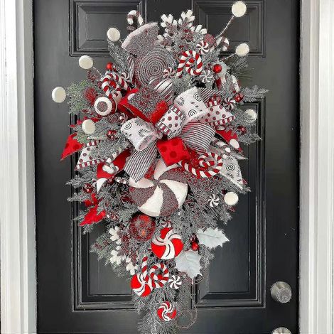 Couronne de Noël en forme de larme, couronne de Noël en forme de canne à sucre, ornement de Noël, guirlande, ruban, pomme de pin, décoration de porte, guirlande en forme de larme (1/5)