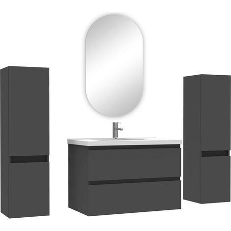 Acezanble ensemble meubles Salle de Bain avec colonne + miroir ovale mural 80cm meuble Anthracite