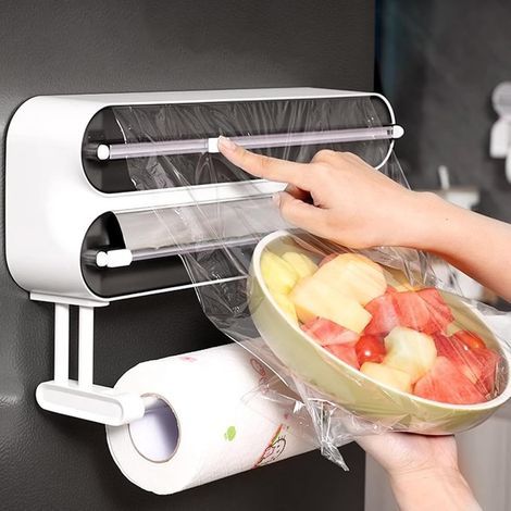 3-in-1 magnetischer Frischhaltefolienspender mit Schneidevorrichtung, Rollenhalter und Spender, Wandhalterung für Rolle, Schneidevorrichtung und Papierhandtuchrollenhalter (bohrfreie Montage), ohne (1/5)