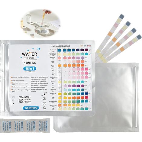 Bandelettes De Test D’eau Potable 16-en-1 Pour Analyse De La Qualité De L’eau – Testeur Multi-paramètres Pour Dureté Globale, Plomb, Cuivre, Nitrates, Nitrites, Chlore Total, PH Et Autres (1/5)
