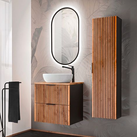 Ensemble meuble simple vasque 60cm et colonne Gaia Bois et Noir (1/5)