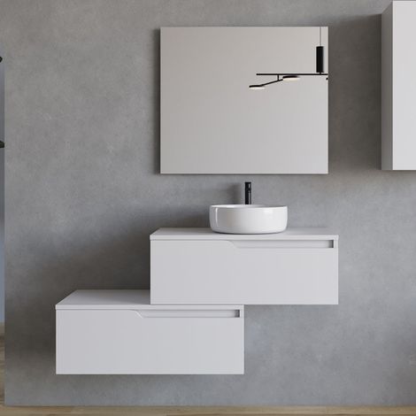 Meuble de salle de bain 120cm avec vasque à poser ronde - 2 tiroirs - blanc - CADIX (1/5)