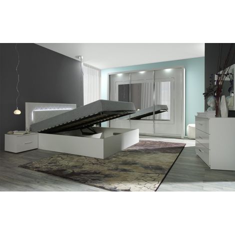 Conjunto de cama PANAREA 180x200 con LED, somier y mesitas de noche – Blanco brillante – Cama de diseño moderno