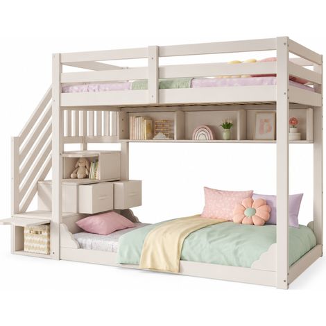 Letto a castello per bambini 90x200 cm in legno bianco con scala e contenitore - CHICFURN (1/5)