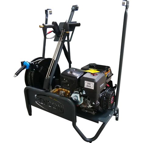 Renson – Nettoyeur haute pression thermique 250 bar – Débit 15 L/min – Moteur Loncin G420F – Enrouleur automatique 20 m – Châssis acier époxy