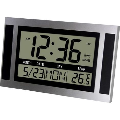 Grande orologio da parete digitale LCD con indicazione di ora, temperatura, calendario e sveglia - Design moderno, colore argento - Crezuo (1/4)