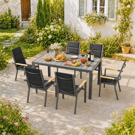 Devoko – Table de jardin aluminium 150x80x72cm – Plateau aspect bois naturel – Pour 6-8 personnes – Cadre léger et résistant – Surface facile à nettoyer