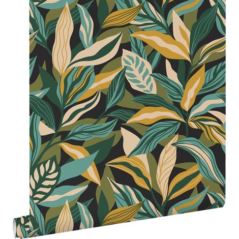 papier peint feuilles tropicales vert foncé et jaune ocre - ESTAhome (1/5)