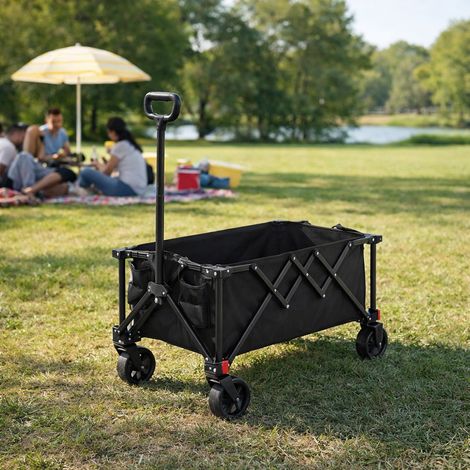 Chariot pliant multifonction noir 80 L, roues tout-terrain amovibles, poignée télescopique auto-rebond, charge 60 kg