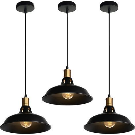 Lámpara Colgante Industrial Vintage, Luminaria de Techo E27 para Salón, Pantalla de Metal Retro Estilo Nórdico, Cable Ajustable (Negro, 3 unidades) (1/5)