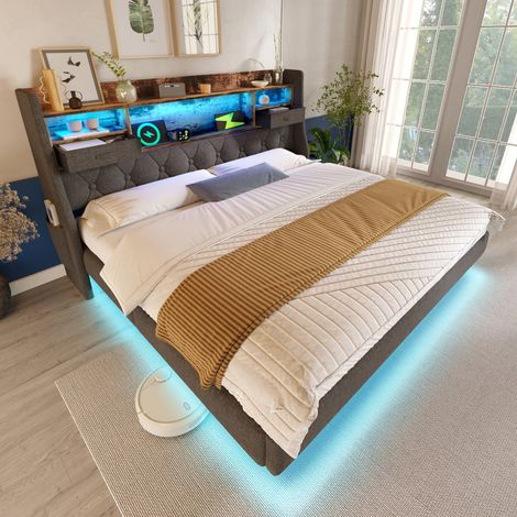 Lit double capitonné 140x190cm éclairage LED rangement charge USB Type-C sommier lattes lin gris (sans Matelas) (1/5)