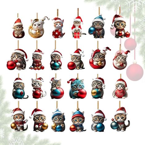Calendrier de l'Avent Ornement Chat Noël Calendrier Avent 24 Jours, Ornements Noël Pendentif Chat en Acrylique 2D Set de pendentifs charme pour sapin rétroviseur auto mur porte (1/5)
