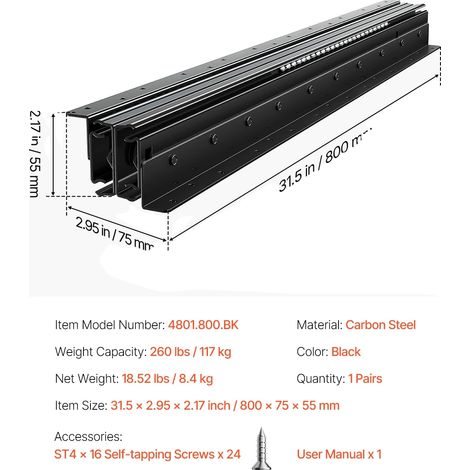 Guías para cajones, extensión total, capacidad de carga de 260 libras, 32 pulgadas (1/2)