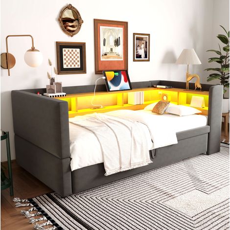 CHICFURN Sofá cama 90/180x190 cm de franela gris oscuro con LED, enchufes y almacenaje (1/5)