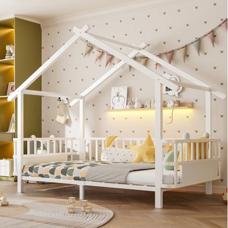 Letto a castello per bambini 90x200 cm con sponde di sicurezza, struttura stabile in metallo bianco per camera da letto (1/5)