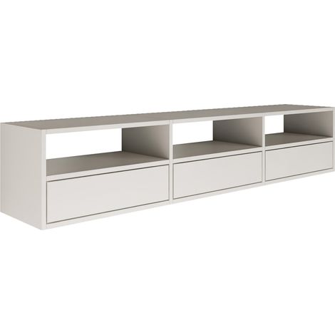 Selsey FRAMME – mueble TV suspendido con tres puertas y estantes abiertos – blanco – 150 cm (1/5)
