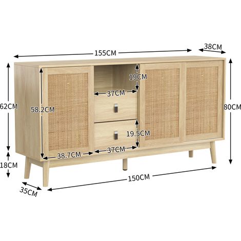 Buffet à 3 portes coulissantes en rotin véritable, 2 tiroirs, 155x38x80 cm, respirant, robuste et polyvalent (1/5)