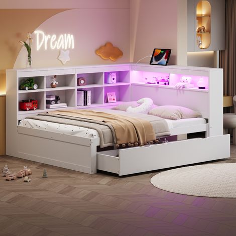 REDOM Lit double 140x200 cm multifonctionnel moderne avec rangements bois blanc (Sans matelas) (1/5)