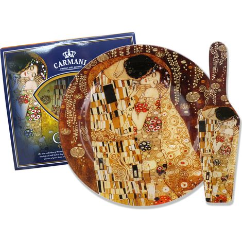 Carmani, plato de vidrio decorativo y funcional con una espátula de Gustav Klimt - Kiss