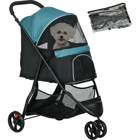 Poussette pour chiens pour animaux de compagnie, 2 porte-gobelets, bleu, noir, pliable, avec housse imperméable