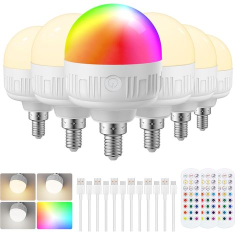 Lot de 6 ampoules LED rechargeables avec télécommande, E14 à intensité variable, couleurs RVB avec batterie, 8 W Touch Control avec fonction de minuterie, éclairage de secours avec aimant (1/5)