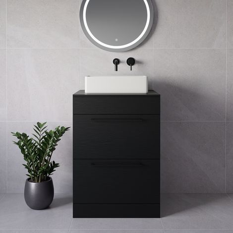 Napoli 460 Nero Oak 600mm 2 Drawer Vanity Unit for Countertop Basins - 600mm - Matt Black 320mm Handle