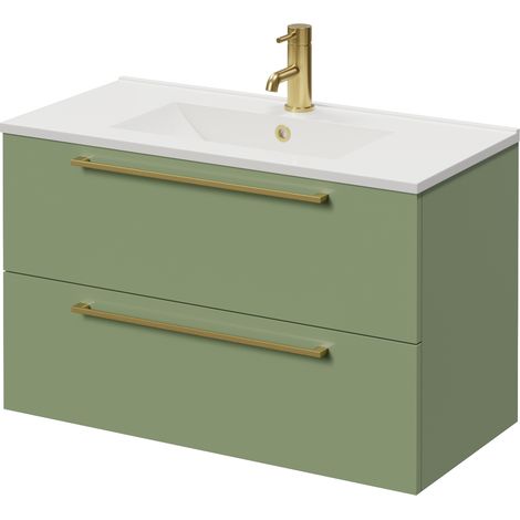 Napoli 390 Olive Green 800mm Wall Mounted 2 Drawer Vanity Unit with Angel Basin - 800mm - Brushed Brass 480mm Handle