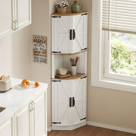 Armoire d’angle 39.5x39.5x180 cm blanche en MDF avec 5 compartiments et dispositif anti-basculement (1/5)