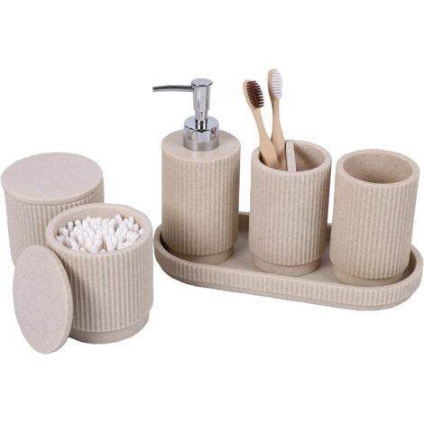 Juego de baño de 6 piezas: dispensador de jabón + vaso para cepillos de dientes con bandeja y caja de algodón - Diseño a rayas (beige), resina de primera calidad - Incluye soporte y organizador para c (1/5)