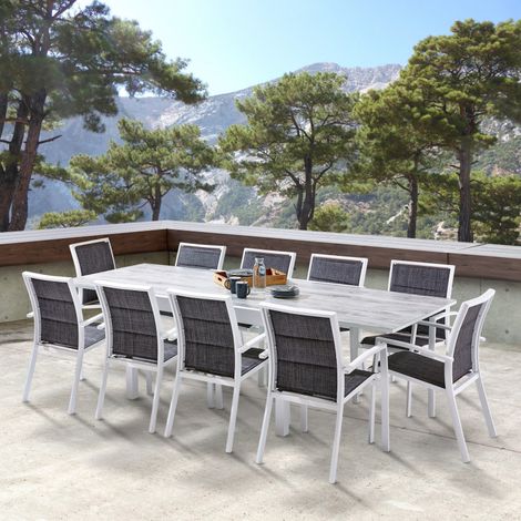 Salon de jardin Ensemble ModuloWood T 6/10 + F 10 Verre Déco Bois Blanc Wilsa Garden (1/5)