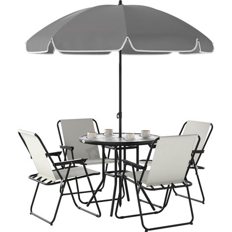 Set da Giardino 6 Pezzi con 4 Sedie Pieghevoli Ombrellone e Tavolo Rotondo Crema Grigio e Nero (1/5)