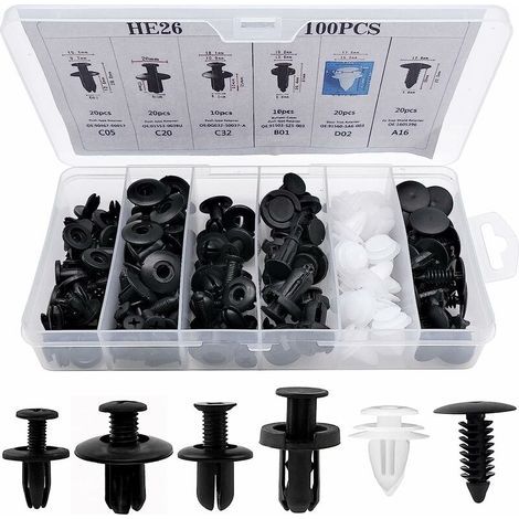 100Pcs Rivet Clips Plastique, Clips Voiture Attaches de Pare Chocs Clips à Rivets, Rivets Plastiques Fixation de Protection avec différentes formes et tailles (1/5)