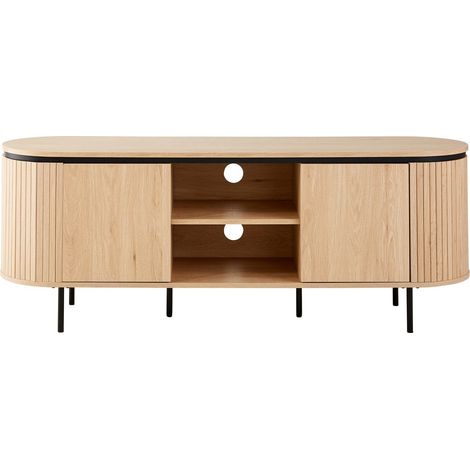 Calicosy – Meuble TV 2 portes L150 cm – Côtés effet rainuré – Double plateau avec niches ouvertes – Pieds en métal noir – Système Push & Pull