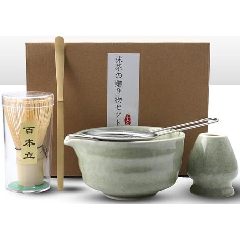 Matcha-Set, 5-teilig, für die japanische Teezeremonie. Enthält eine Matcha-Schale mit Ausguss, einen Matcha-Besen, einen Teelöffel, ein Matcha-Sieb und einen Besenhalter. Ideal als Geschenk für Freund (1/5)