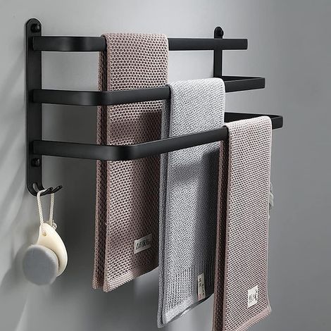 Toallero de pared, barra adhesiva de 3 niveles, negro, impermeable, para baño y cocina. (1/5)