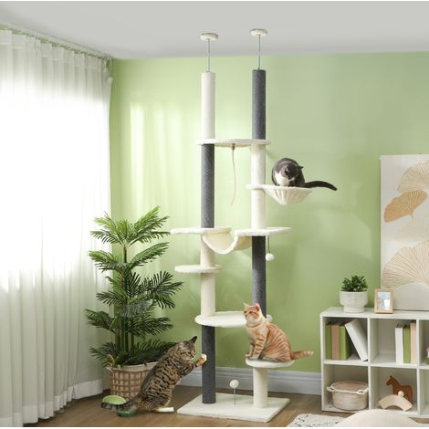 Árbol rascador de techo regulable 225-255 cm con hamacas, cesta y bola, blanco OKMYHOME (1/5)