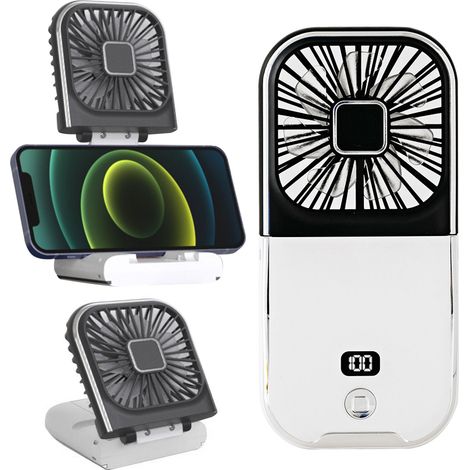 Tragbarer Handventilator, Halsventilator, Mini-Tischventilator, faltbarer Handyhalter, Notstromversorgung, leise, per USB aufladbare persönliche Ventilatoren mit LED-Digitalanzeige