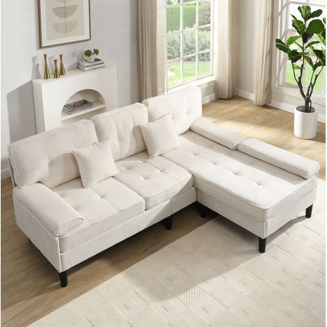 Divano modulare a L 3 posti con chaise longue mobile in ciniglia 195 cm beige chiaro OKWISH (1/5)