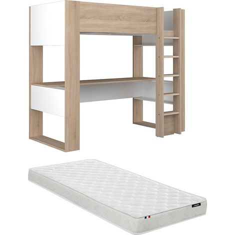 Letto a soppalco con scrivania e vani portaoggetti integrati 90 x 200 cm Rovere e Bianco + Materasso - NOAH II