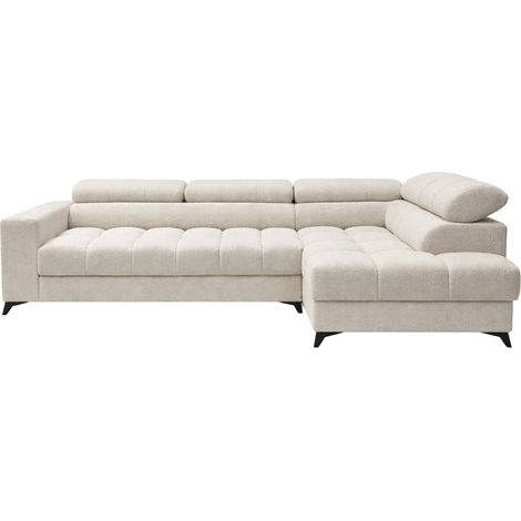 EMMA MINI - Canapé d'angle convertible avec coffre et têtières relevables en tissu beige - Angle droit (1/5)